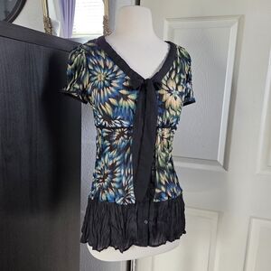 Sunny Leigh vtg blue black floral sheer blouse button up Size Petite P